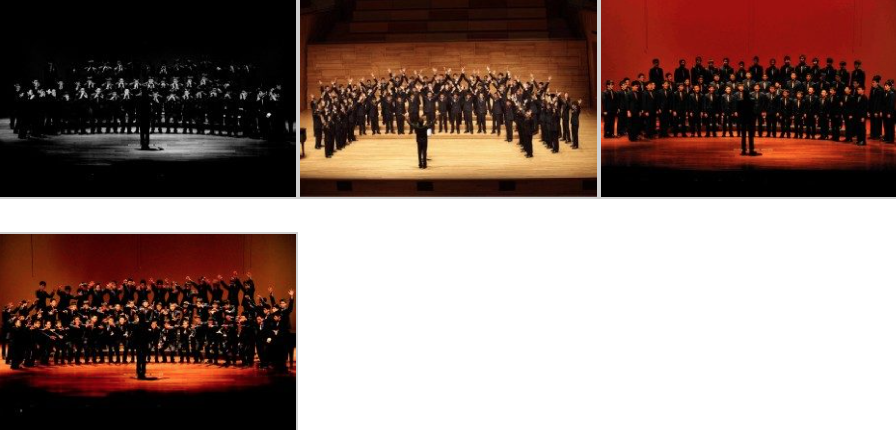 Four photos of a large choir in dark suits performing on stage with a conductor, some members raising their arms.